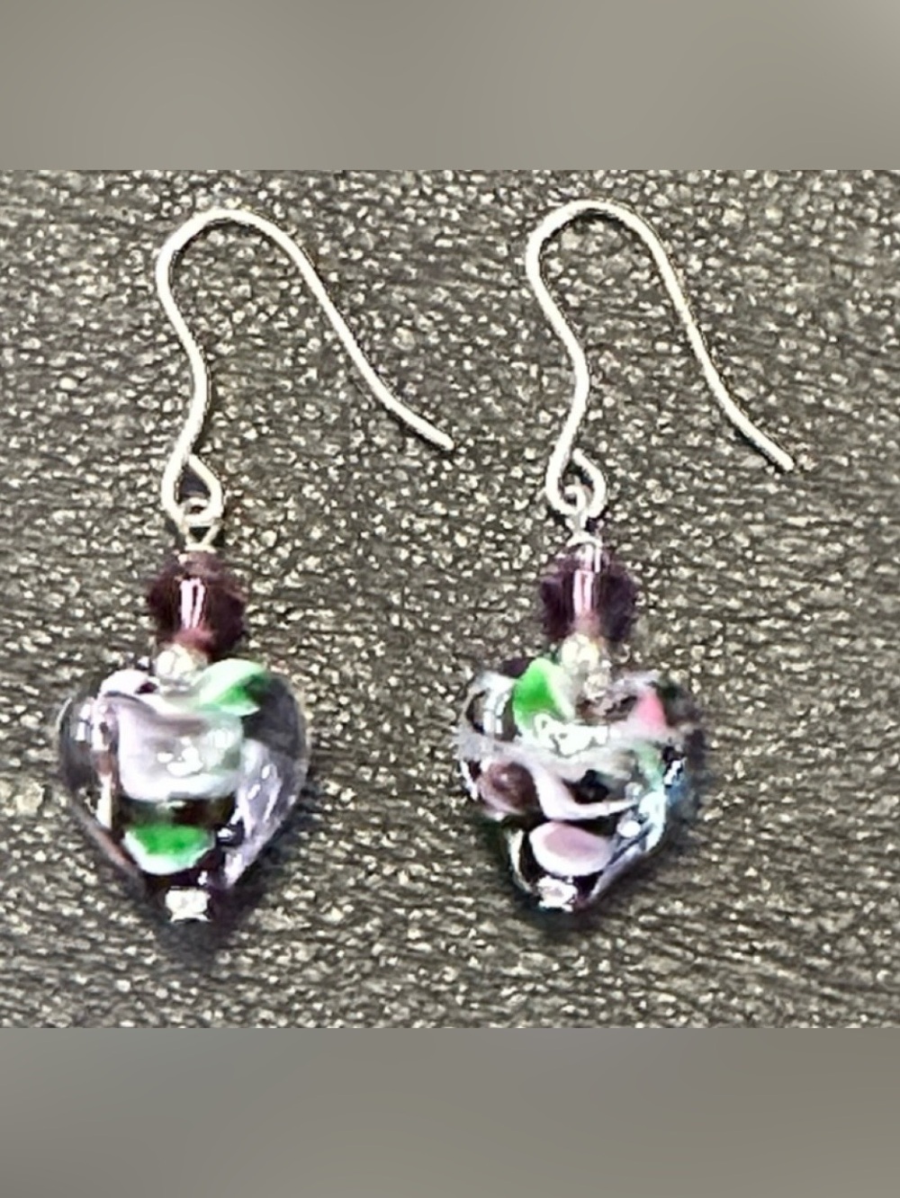 Glass Art Deco Heart Shape Dangle Wire Back Earrings